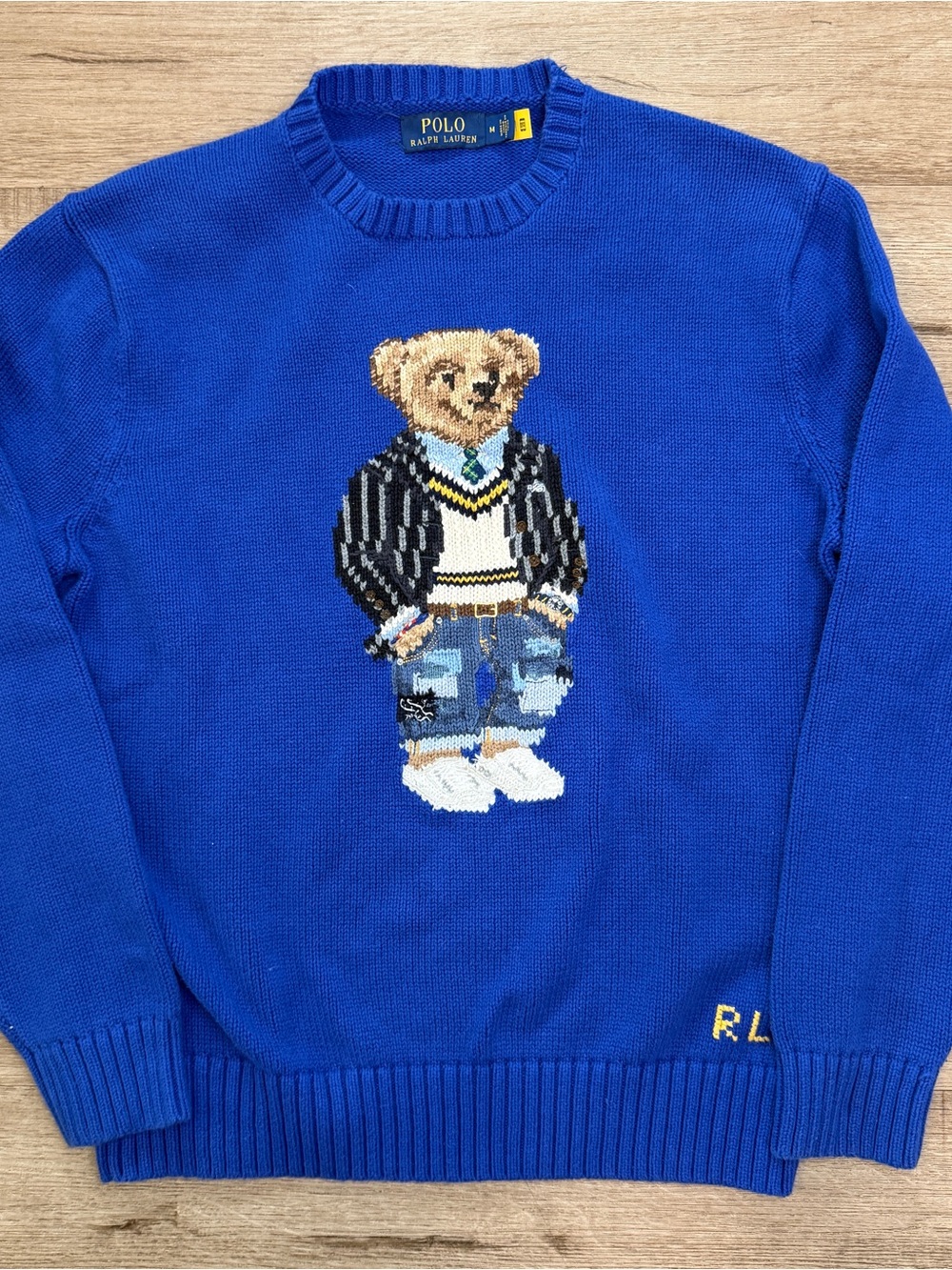 Polo Ralph Lauren Bear Embroidered Blue Cotton Knit Sweater Men's Medium